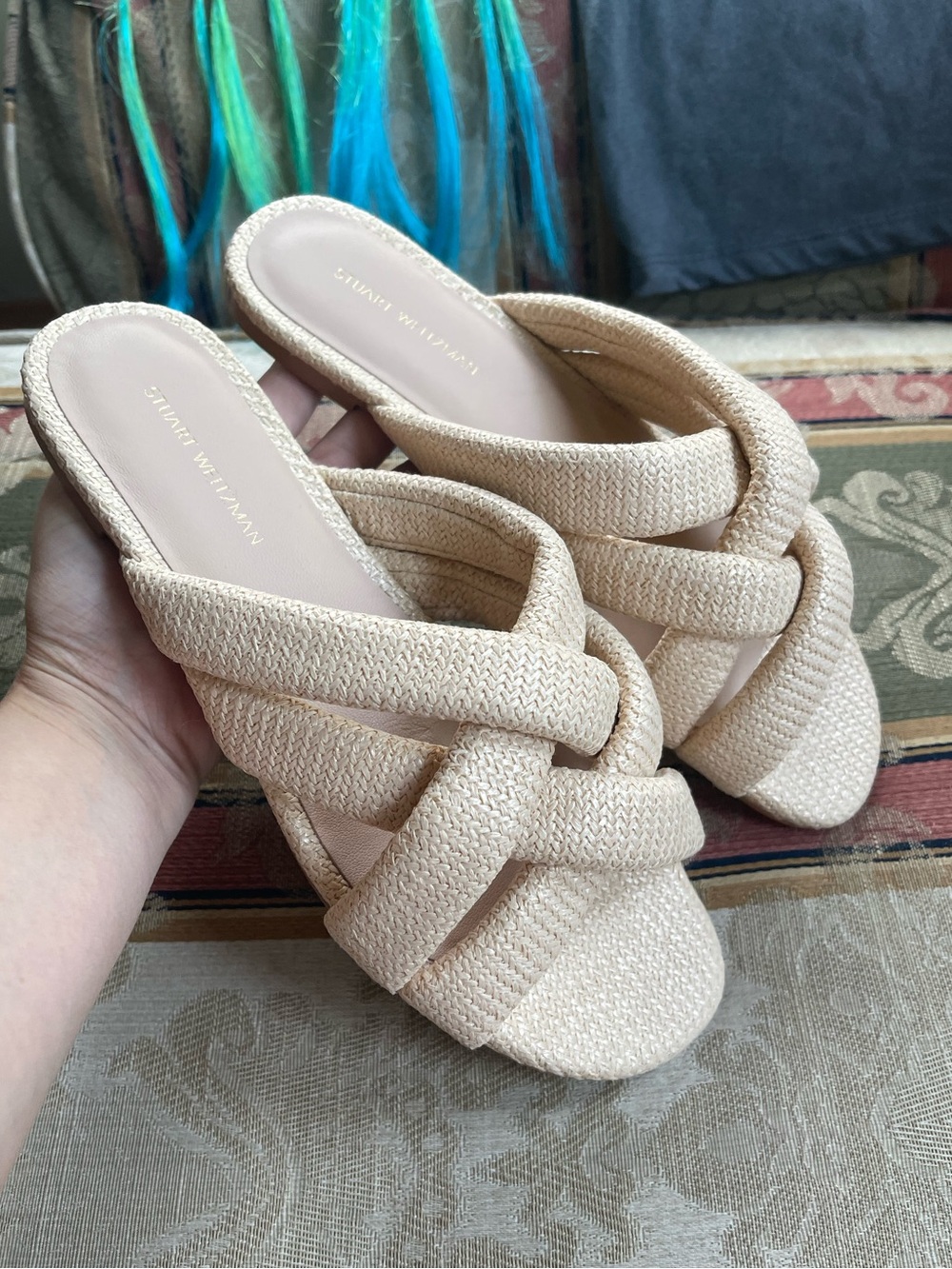 Stuart Weitzman Natural Crossover Herringbone Raffia Sandal.Size 7.5 Women N6-23